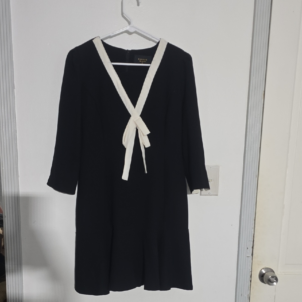 MARANT Black Dress with Cream V-Neck Tie